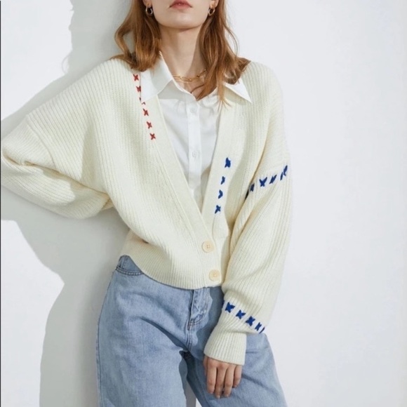 J.Ing Sweaters - J.ing Otis Ivory Oversized Stitch Detail V Neck Cardigan
